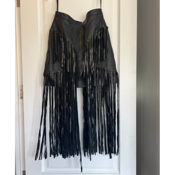 Understated Leather Leather Mini Skirt with Tassels in Black - Picture 2 of 11
